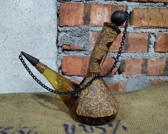 Vintage Spanish Poron Wine Decanter Fine Leather Art Amber Glass