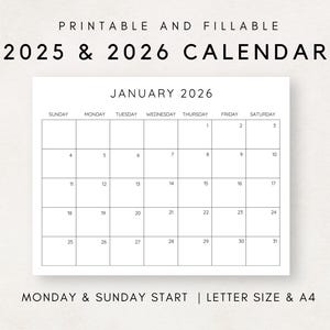 2025- 2026 Calendar Printable, Monthly Calendar 2025- 2026, Fillable Calendar, 2025-2026 Planner, Minimalist Calendar, Simple Clean Calendar