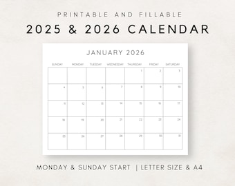 2025- 2026 Calendar Printable, Monthly Calendar 2025- 2026, Fillable Calendar, 2025-2026 Planner, Minimalist Calendar, Simple Clean Calendar