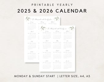 2025-2026 Yearly Calendar, Printable Calendar, 2025-2026 Calendar, Digital Calendar, Yearly wall Calendar, Year at a glance, Annual Calendar