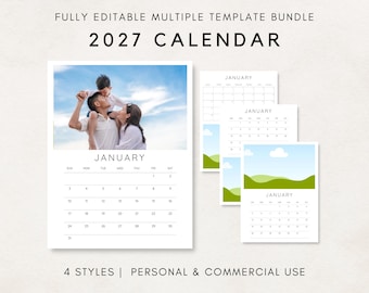 2027 Calendar Template, 2027 Photo Calendar, 2027 Wall Calendar, Blank Calendar, PLR Calendar, 2027 Editable Calendar, DIY Calendar