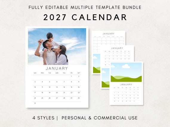 2027 Calendar Template, 2027 Photo Calendar, 2027 Wall Calendar, Blank Calendar, PLR Calendar, 2027 Editable Calendar, DIY Calendar