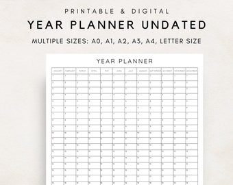 Yearly Wall Planner, Yearly Planner on 1 Page, Year At a Glance, Yearly To Do List, Undated Yearly Wall calendar, Large Wall Calendar