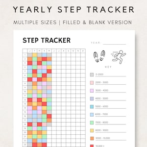 May include: A white step tracker chart with the text "YEARLY STEP TRACKER" and "STEP TRACKER". The chart includes a grid for tracking steps, a key with color-coded step ranges, and space to write the year. The chart is available in multiple sizes.