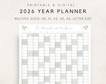2026 Yearly Planner Printable, Yearly Planning Calendar, Calendar Poster, Digital Calendar, 2026 Calendar, 2026 Planner, Annual Overview
