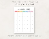2026 Calendar Printable, Monthly Calendar 2026, Blank Calendar 2026, Calendar Template, 12 Month Calendar, Month at a glance, 2026 Planner