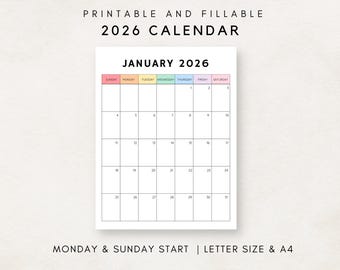 以下が含まれることがあります： 印刷して記入できる2026年のカレンダー。曜日には虹色のカラーコードが使用されています。カレンダーは2026年1月用で、月曜日から始まります。