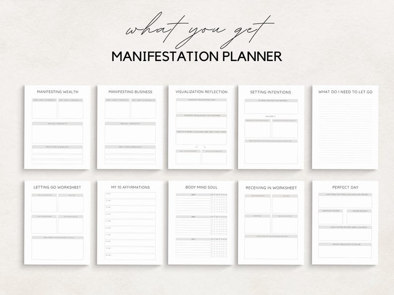 Unlock the power of your dreams with this Manifestation Planner Printable. This comprehensive Manifestation Journal is designed to help you manifest your goals, dreams, and desires using the Law of Attraction.