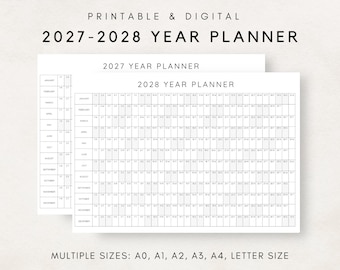 以下が含まれることがあります： 印刷可能でデジタルな2027-2028年版イヤー・プランナー。2027年と2028年のカレンダーを備えた、クリーンでミニマリストなレイアウトのデザインです。「PRINTABLE & DIGITAL」と「2027-2028 YEAR PLANNER」の文字が上部にあります。複数のサイズがあります。