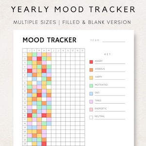 Afdrukbare stemmingstracker, jaarlijkse stemmingstracker, stemmingstracker, stemmingsgrafiek, Bullet Journal, dagelijkse stemmingstracker, stemming in pixels, jaarlijkse tracker