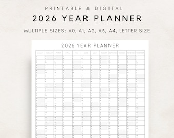 2026 Yearly Planner Printable, Yearly Planning Calendar, Calendar Poster, Digital Calendar, 2026 Calendar, 2026 Planner, Yearly Overview