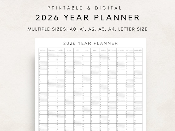 2026 Yearly Planner Printable, Yearly Planning Calendar, Calendar Poster, Digital Calendar, 2026 Calendar, 2026 Planner, Yearly Overview
