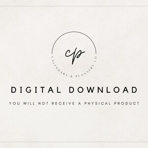 Op de afbeelding: Digitale downloadafbeelding met de tekst "DIGITALE DOWNLOAD" in een vet, schreefloos lettertype. De afbeelding bevat een cirkelvormig logo met de letters "cp" en de woorden "Calendars & Planners Co."
