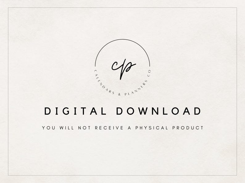 Op de afbeelding: Digitale downloadafbeelding met de tekst "DIGITALE DOWNLOAD" in een vet, schreefloos lettertype. De afbeelding bevat een cirkelvormig logo met de letters "cp" en de woorden "Calendars & Planners Co."