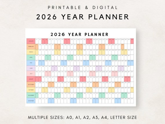 2026 Yearly Planner, 2026 Year Planner Printable, Yearly Planning Calendar, 2026 Agenda, Yearly Wall Calendar, Year at a glance, 2026 Plan
