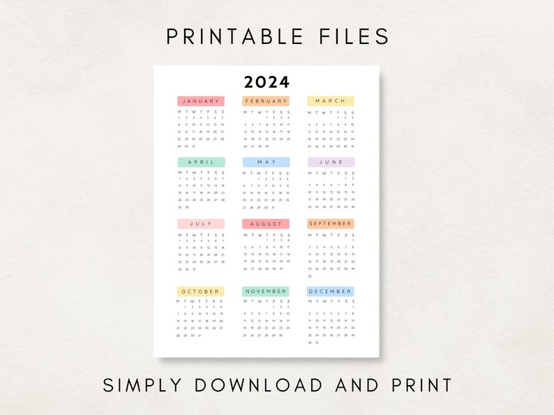 2024 Yearly Calendar Printable, Yearly Calendar Poster, 2024 Calendar ...