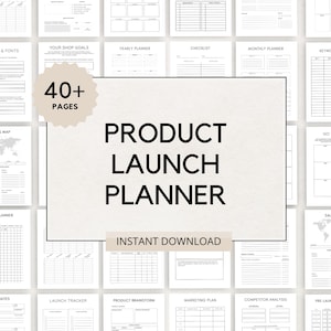 以下が含まれることがあります： 40ページ以上の白黒の製品発売プランナー。プランナーには、売上マップ、投稿プランナー、アフィリエイト、発売トラッカー、製品ブレインストーミング、マーケティングプラン、競合分析、発売前チェックリスト、年間プランナー、チェックリスト、月間プランナー、キーワードプランナー、市場投入が含まれています。