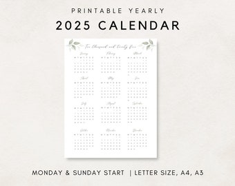 2025 Yearly Calendar, Printable Calendar, 2025 Calendar, 2025 Digital Calendar, Yearly wall Calendar, Year at a glance, 2025 Annual Calendar