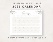 Printable Calendar 2026, Botanical Calendar Printable, 2026 Calendar Printable, Monthly Calendar, Monthly Planner, 2026 Calendar Editable