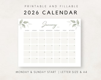 Printable Calendar 2026, Botanical Calendar Printable, 2026 Calendar Printable, Monthly Calendar, Monthly Planner, 2026 Calendar Editable