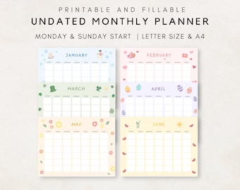 Undated Monthly Planner, Monthly Calendar Undated, Monthly Planner Printable, Fillable Monthly Planner, Month at a glance, Monthly Overview