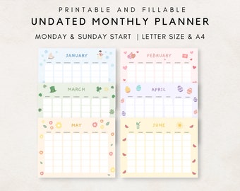 Undated Monthly Planner, Monthly Calendar Undated, Monthly Planner Printable, Fillable Monthly Planner, Month at a glance, Monthly Overview