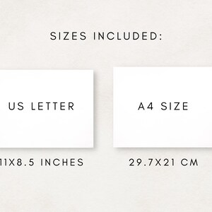 Puede incluir: Imagen que muestra dos tarjetas rectangulares blancas con texto. El texto de la tarjeta izquierda dice "US LETTER" y "11X8.5 INCHES". El texto de la tarjeta derecha dice "A4 SIZE" y "29.7X21 CM". Las palabras "SIZES INCLUDED:" est&aacute;n en la parte superior.