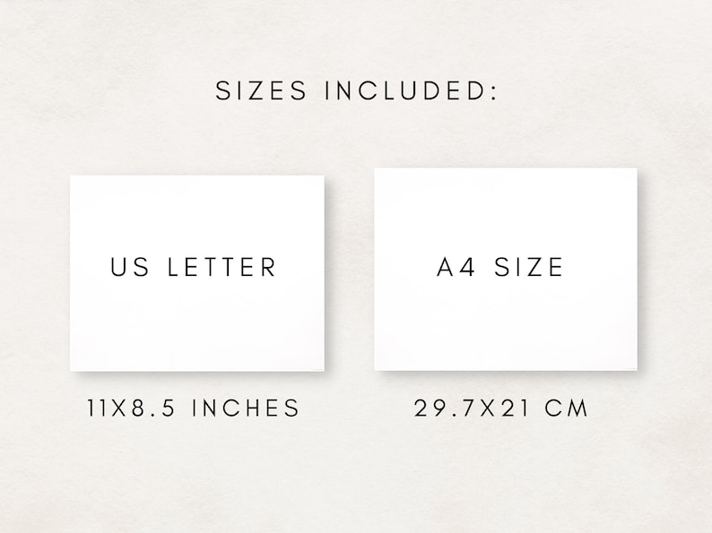 Puede incluir: Imagen que muestra dos tarjetas rectangulares blancas con texto. El texto de la tarjeta izquierda dice "US LETTER" y "11X8.5 INCHES". El texto de la tarjeta derecha dice "A4 SIZE" y "29.7X21 CM". Las palabras "SIZES INCLUDED:" est&aacute;n en la parte superior.