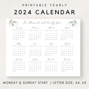 Könnte beinhalten: Druckbarer Kalender für 2024 mit einem Montag- und Sonntagsanfang. Der Kalender hat ein schlichtes Design mit einem hellgrauen Hintergrund und grünen Aquarellblättern in den Ecken. Die Monate sind in einem Rasterformat aufgelistet, wobei jeder Monat sein eigenes Feld hat.