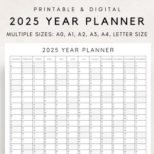 Planner annuale 2025 stampabile, calendario di pianificazione annuale, poster calendario, calendario digitale, calendario 2025, planner 2025, panoramica annuale