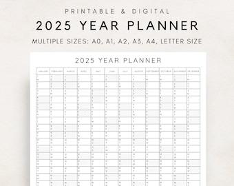 2025 Yearly Planner Printable, Yearly Planning Calendar, Calendar Poster, Digital Calendar, 2025 Calendar, 2025 Planner, Yearly Overview