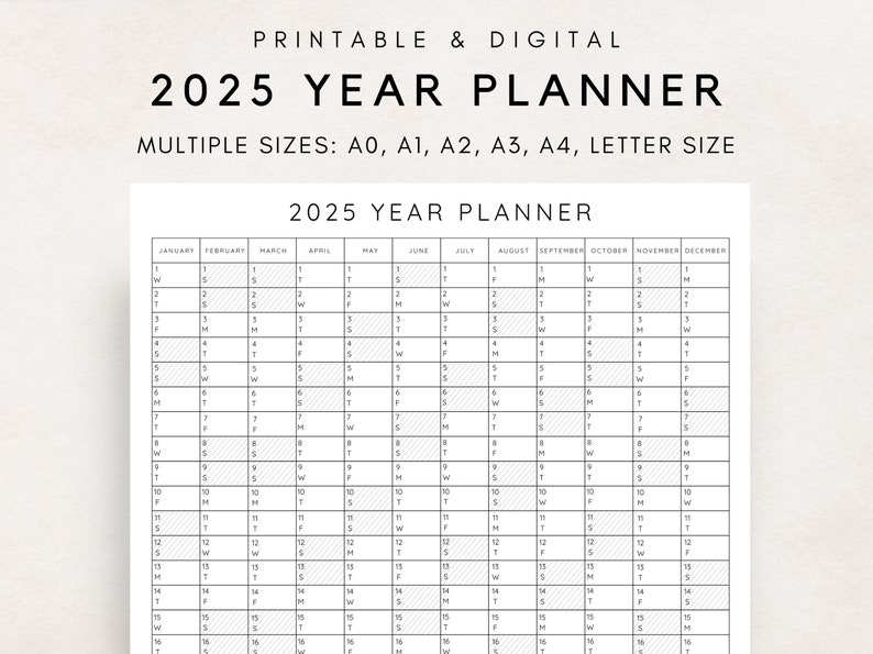 Plan your year with this 2025 Yearly Planner Printable! This digital download offers 2025 annual agenda and wall calendar template. Perfect for professionals, students, and those seeking an efficient planning solution.
