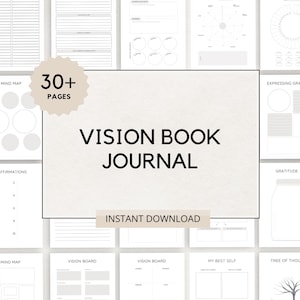 Op de afbeelding: Een printbaar vision board-journaal met meer dan 30 pagina's. Het journaal bevat pagina's voor mind mapping, vision boards, affirmaties, dankbaarheid en meer. De tekst "Vision Book Journal" en "Direct downloaden" staat op de omslag.