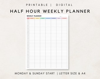 Half Hour Weekly Planner, Half Hour Schedule, Weekly Half Hourly Plan, Time Blocking, Weekly Time Sheet, Hour by Hour Planner, Weekly Plan