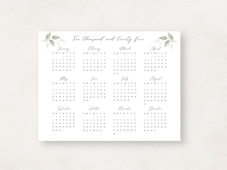 2025 Yearly Calendar, Printable Calendar, Wall Calendar, 2025 Calendar