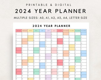 2024 Yearly Planner Printable, Yearly Planning Calendar, Calendar Poster, 2024 Digital Calendar, Annual Overview, 2024 Planner, 2024 Agenda