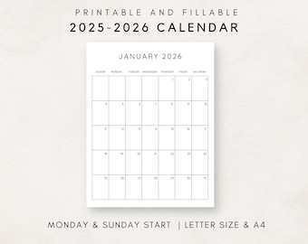 Calendar 2025- 2026 Printable, Monthly Calendar, Fillable Calendar, 2025-2026 Planner, Minimalist Calendar, Simple Calendar, 2025- 2026
