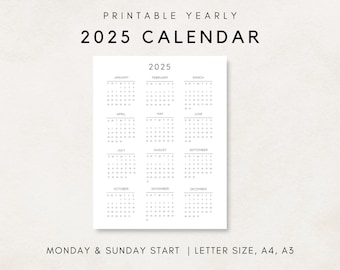 May include: A printable 2025 calendar with a Monday and Sunday start. The calendar is divided into 12 months, with each month displayed in a separate box. The calendar is designed for letter size, A4, and A3 paper.