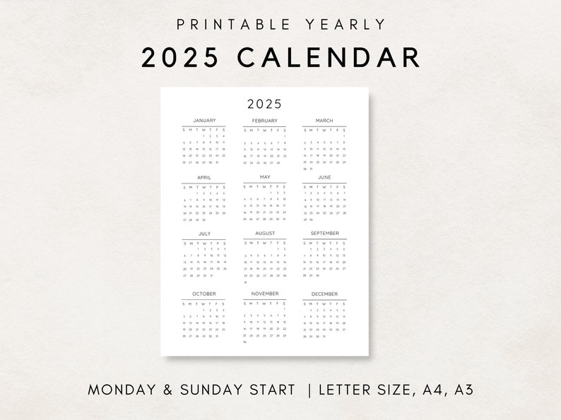 2025 Yearly Calendar, Printable Calendar, 2025 Calendar, 2025 Digital