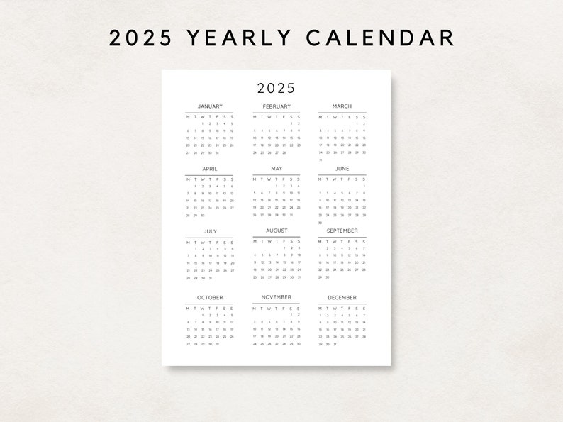 2025 Yearly Calendar, Printable Calendar, 2025 Calendar, 2025 Digital Calendar, Yearly Wall