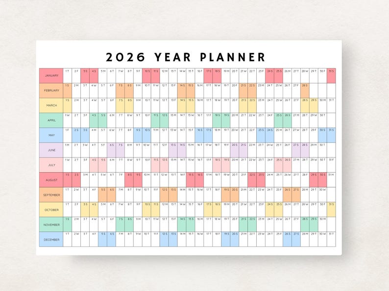 Puede incluir: Un planificador anual de 2026 con fondo blanco. La cuadr&iacute;cula del calendario est&aacute; dividida en meses, cada uno con un color pastel diferente. El texto "2026 YEAR PLANNER" est&aacute; en la parte superior.