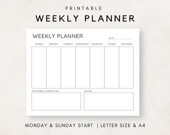Weekly Planner Printable, Weekly Schedule, Week at a glance, Weekly Agenda, Undated Weekly, Weekly To Do List, 1 Page Weekly Planner