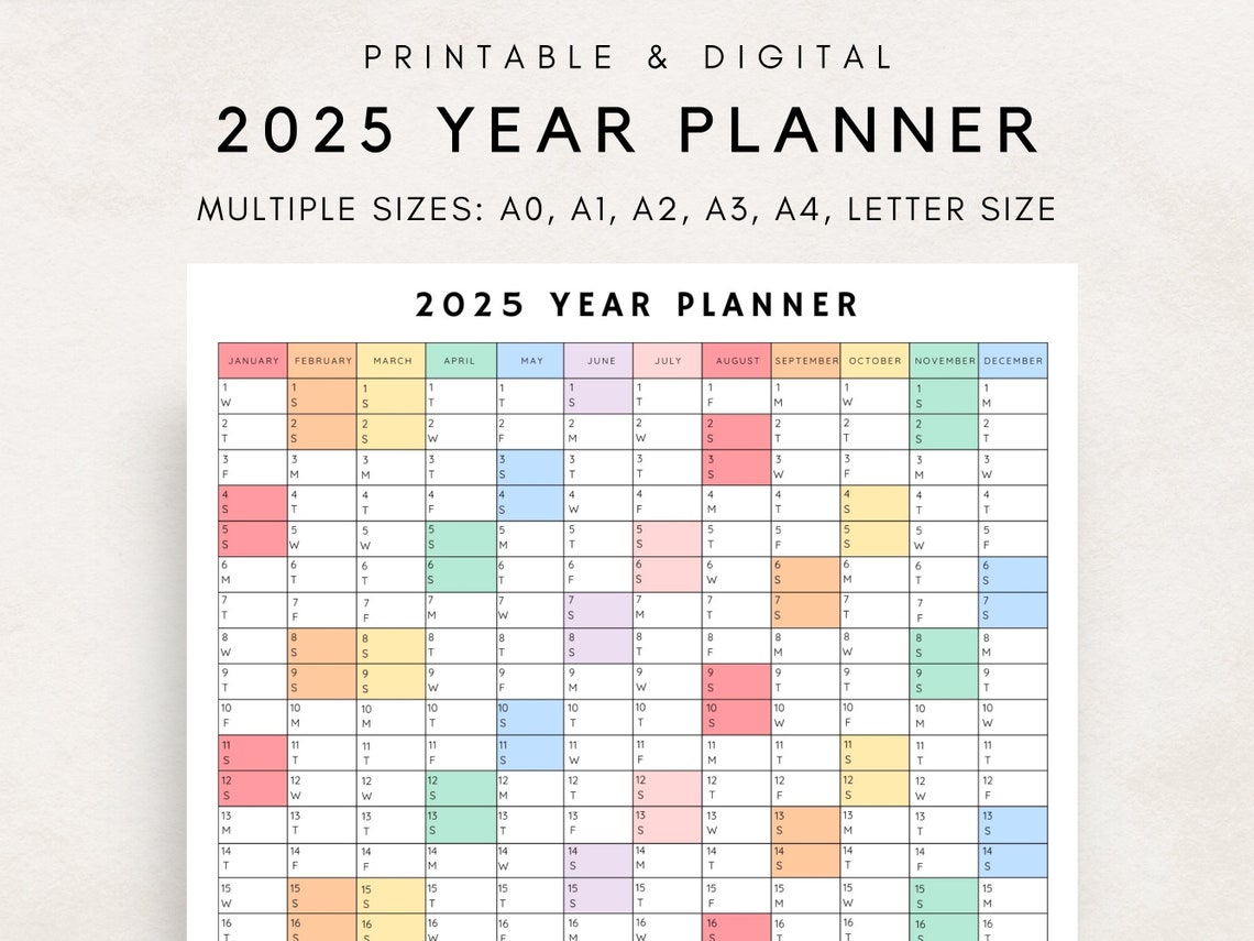 2025 Yearly Planner Printable, Yearly Planning Calendar, Calendar Poster, Digital Calendar, 2025