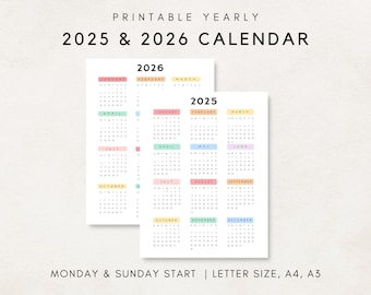 2025-2026 Yearly Calendar, Printable Calendar, 2025-2026 Calendar, Digital Calendar, Yearly wall Calendar, Year at a glance, Annual Calendar