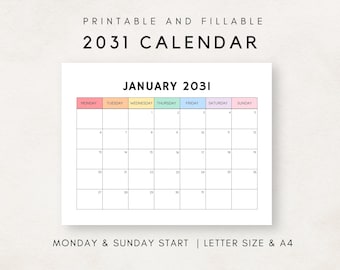 2031 Monthly Calendar, 2031 Calendar Printable, Blank Calendar 2031, Calendar Template, 12 Month Calendar, Month at a glance, 2031 Planner