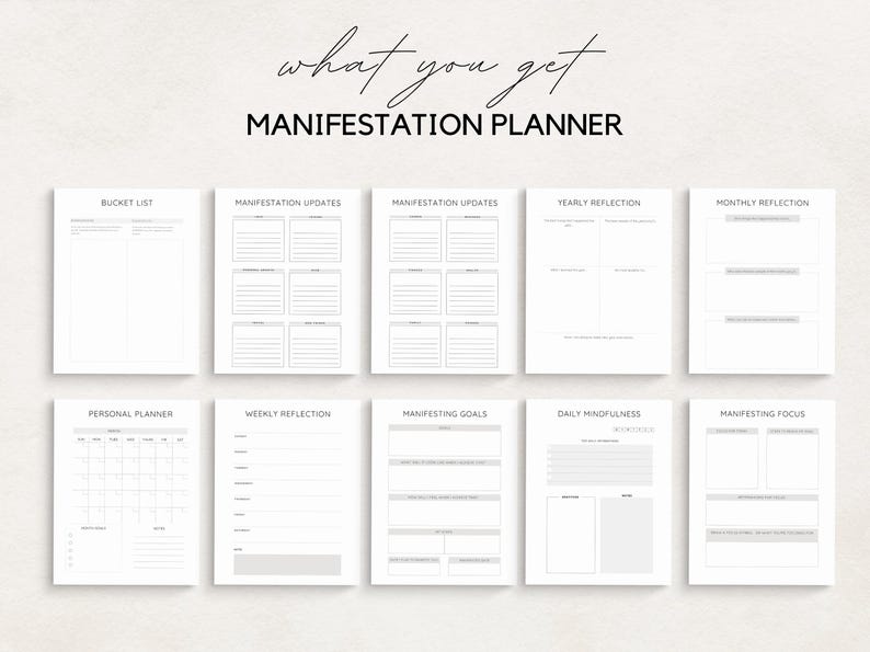 Unlock the power of your dreams with this Manifestation Planner Printable. This comprehensive Manifestation Journal is designed to help you manifest your goals, dreams, and desires using the Law of Attraction.