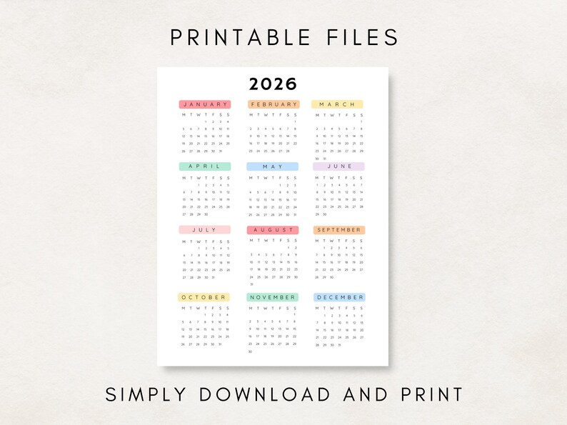 Plan ahead with this 2026 Yearly Calendar Printable! This digital download offers an annual calendar to stay organized throughout the year.