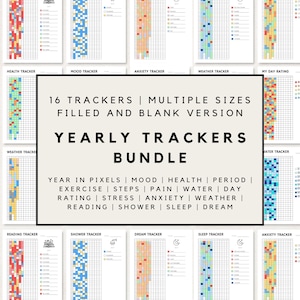 Yearly Tracker Bundle, Yearly tracker, Year In Pixels, Yearly Habit Tracker, Mood Tracker, Daily Habit Tracker, Self care, Bullet Journal