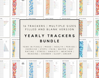 Yearly Tracker Bundle, Yearly tracker, Year In Pixels, Yearly Habit Tracker, Mood Tracker, Daily Habit Tracker, Self care, Bullet Journal