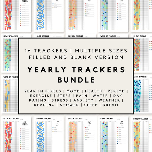 Yearly Tracker Bundle, Yearly tracker, Year In Pixels, Yearly Habit Tracker, Mood Tracker, Daily Habit Tracker, Self care, Bullet Journal